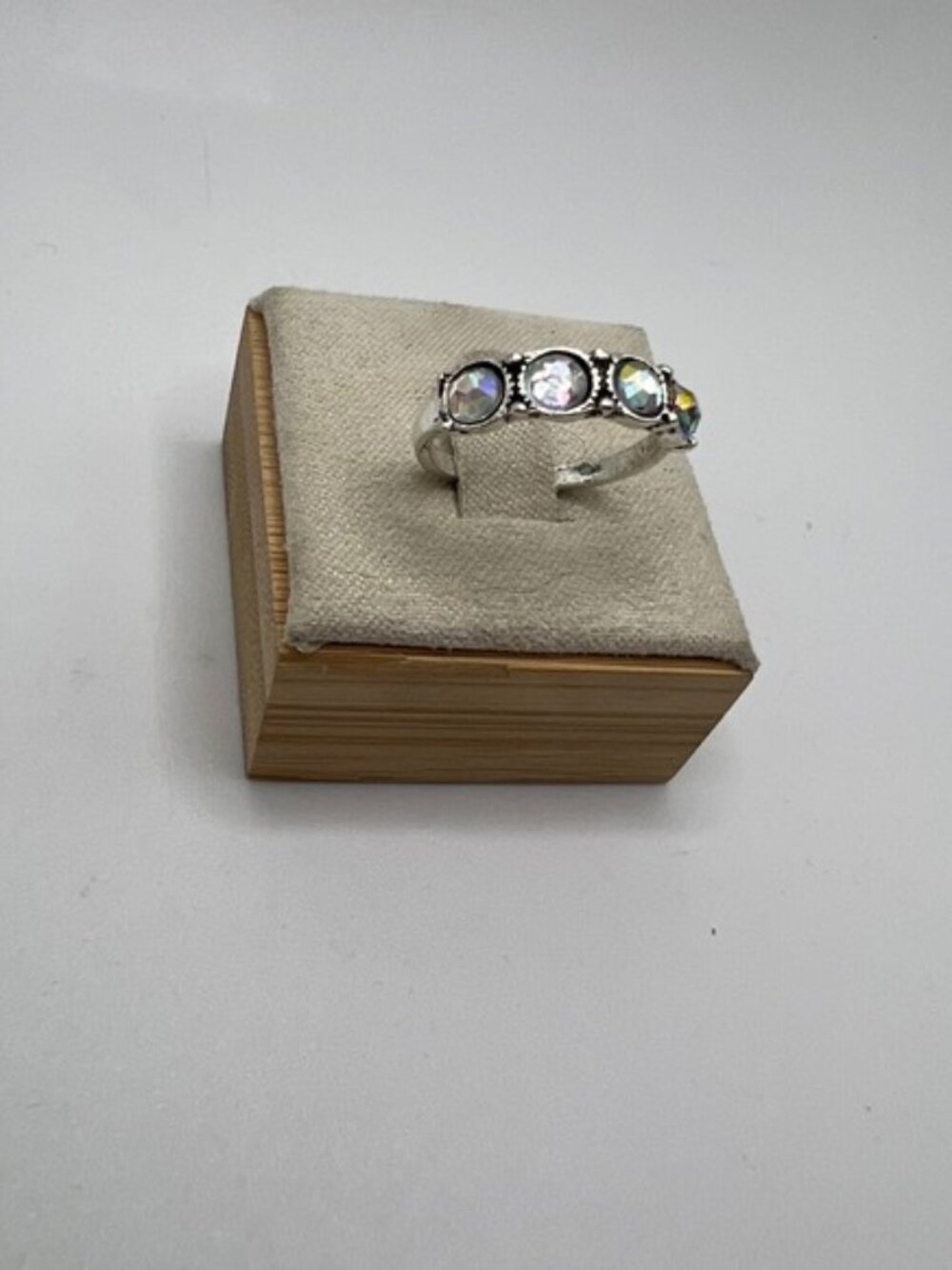 Silver Tone‎ Ring with Round Iridescent Rainbow Stones, Size 5.5
